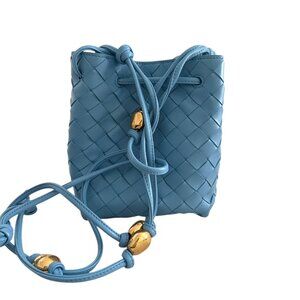 Bottega Veneta Drawstring Braided Leather Bucket Bag Blue